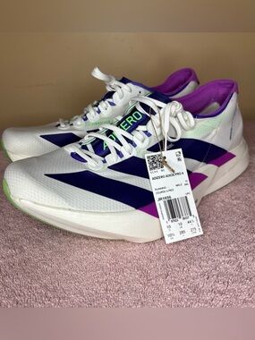 Men's Adidas Adizero Adios Pro 4 Running White / Purple Lime Sz 10.5 JR1656